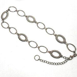 Silver Tone Chain Link Belt w/Oval Plain and Ribbed Elements - 39 Inches